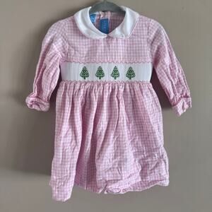 Anavini Hand Smocked Pink Gingham Christmas Tree Dress Baby Girl Size 9 Months